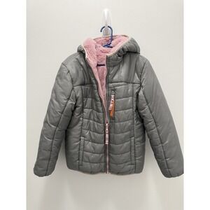 Eddie Bauer Girls Puffer Jacket Gray Pink Fleece Reversible Hood Coat S 7/8